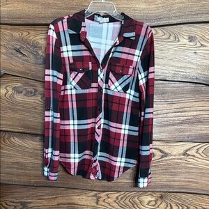 Plaid Button-Up Shirt - Red, Black, White